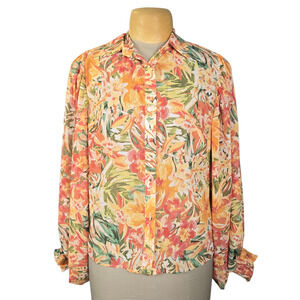 Kosmios Women's M Tropical Floral Button-Down Blouse Bishop Sleeve Collared Top
